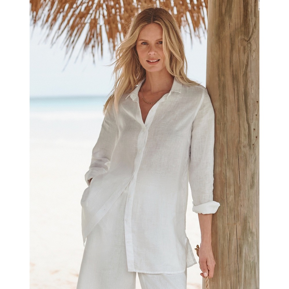 Garnet Hill Womens‎ Linen Tunic Top Cover Up Oversized Button Up Ivory Shirt #2